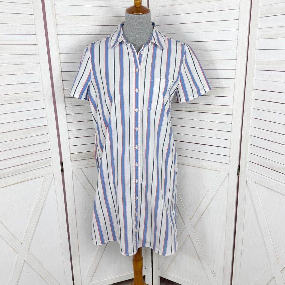 J. Crew Striped Button Down Shirt Dress White Blue Size 8 Preppy Retro
